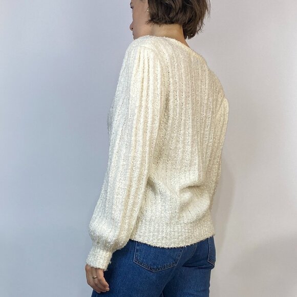 Vintage 1980s NUBBY Cream Cardigan with PUFF Sleeves & PEARL Buttons! Medium - Picture 2 of 7